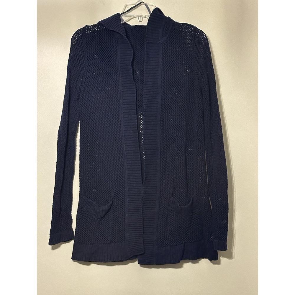 TALBOTS Navy Honeycomb/mesh knit & Ribbed Trim Open Front; Size Medium